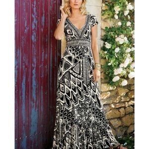 Soft Surroundings, V Neck Black and White Patterned Maxi Dress Size S